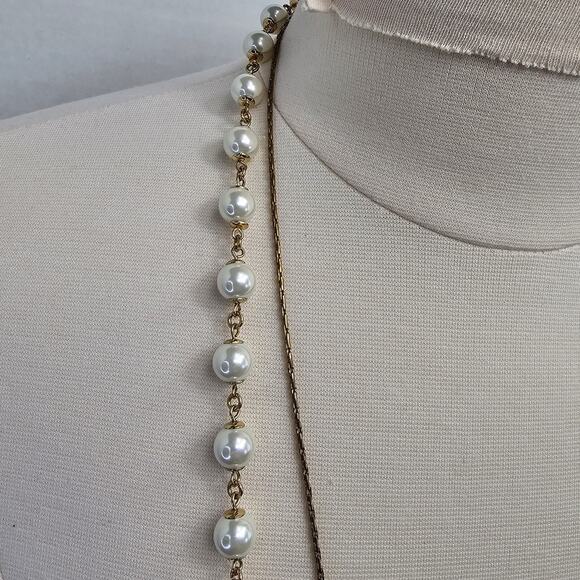 Charter Club Necklace Mixed Metal Filagree Rhinestones Faux Pearl Goldtone - Picture 5 of 7